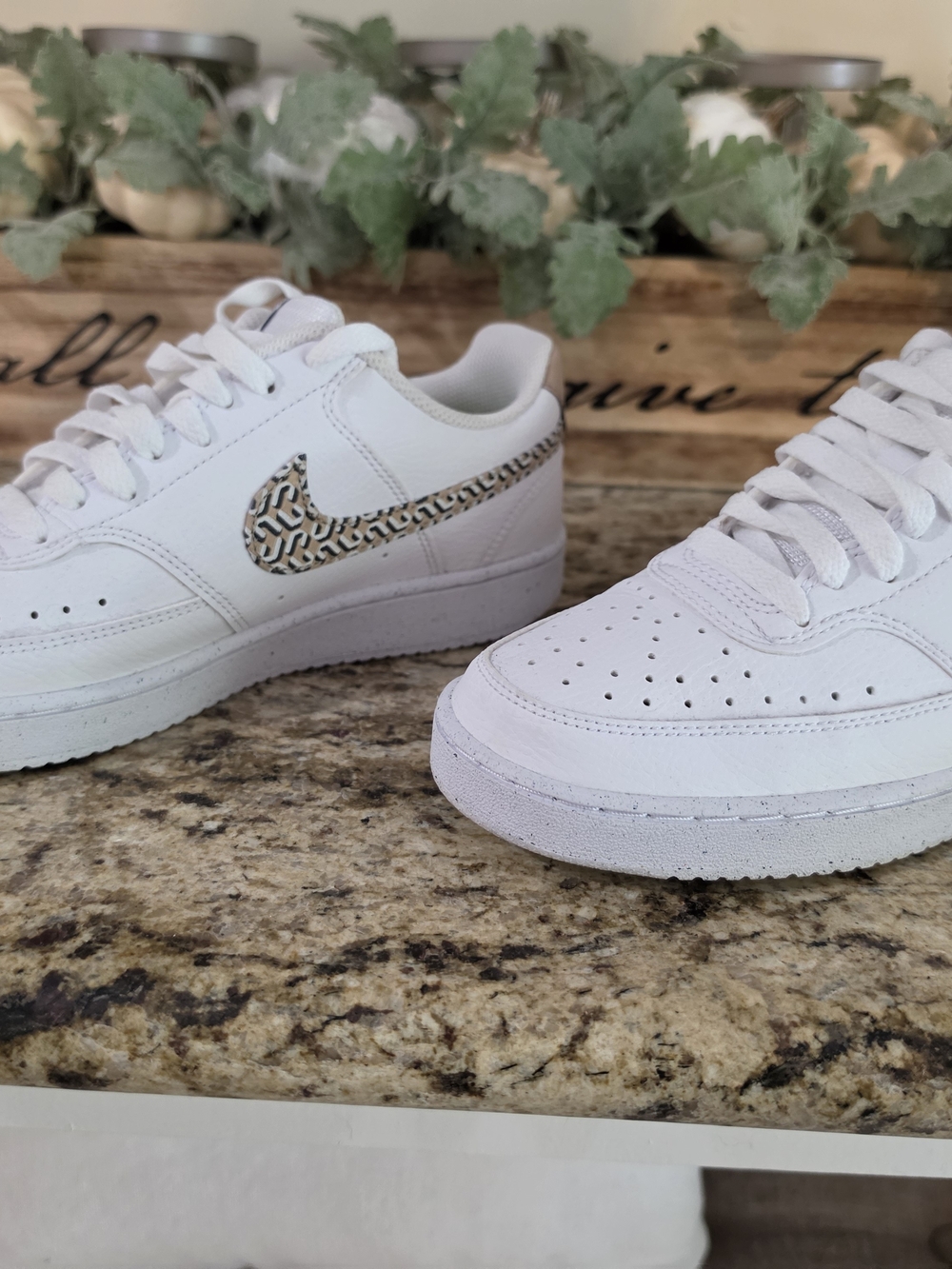 Nike White Leather Sneakers with Leopard-Print Swoosh - Picture 2 of 5